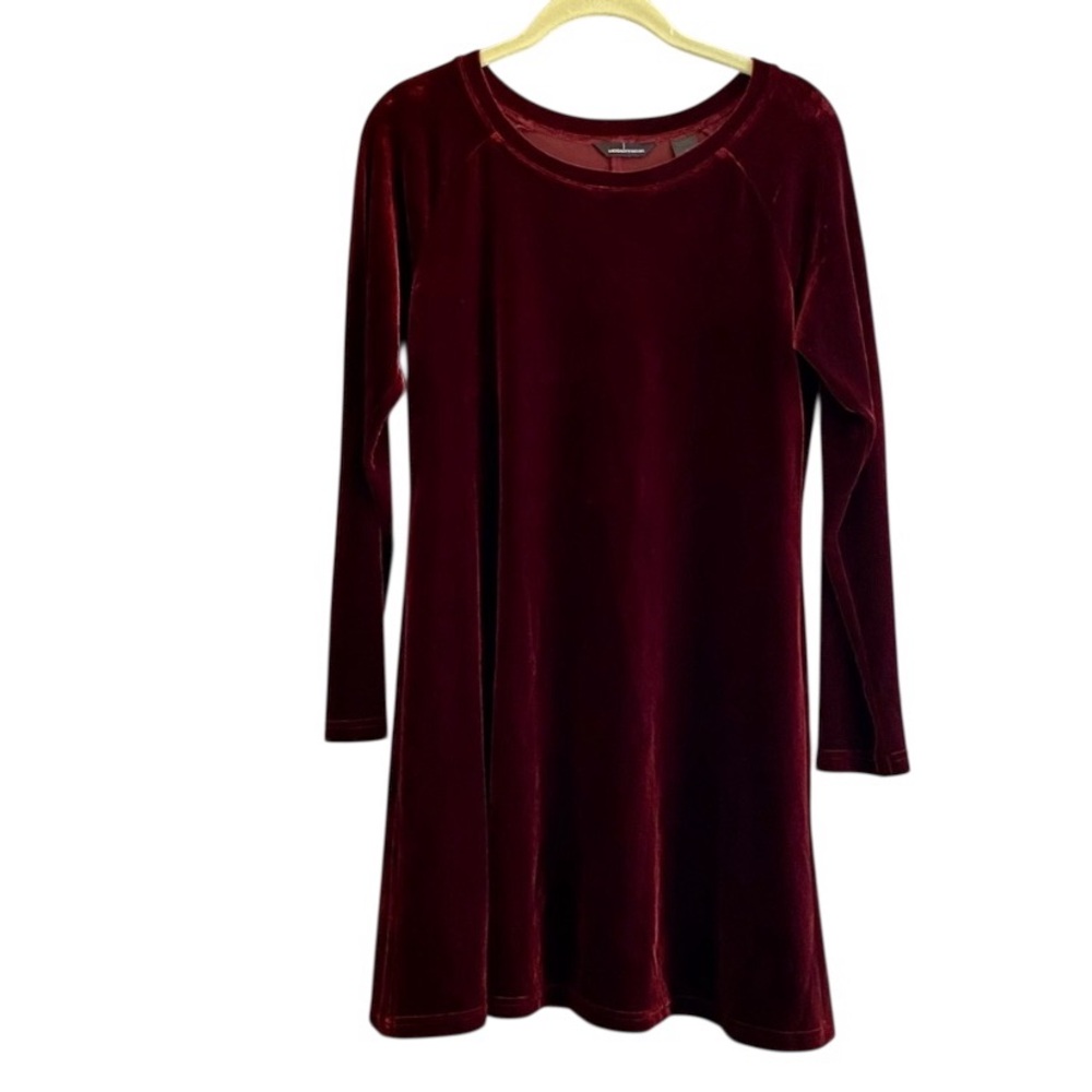 Moda International Burgundy Wine Velvet Dress Mini Long Sleeve Scoopneck Sz MP